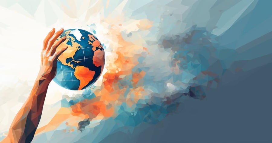 An abstract image of a man holding the planet like a basketball