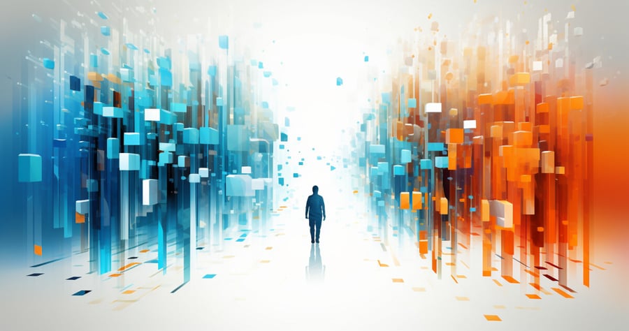 Image of a person in the center with colored floating objects surrounding him