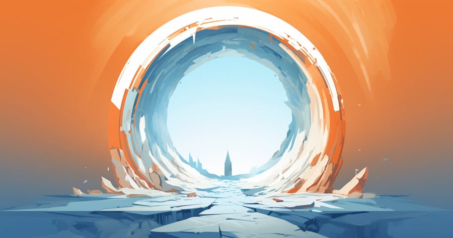 Cartoonish image of a snowy cave where a tall building is visible through the enterance