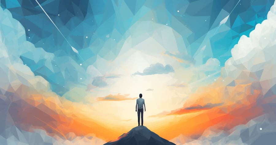 Person standing on a peak looking at the sunsetting sky