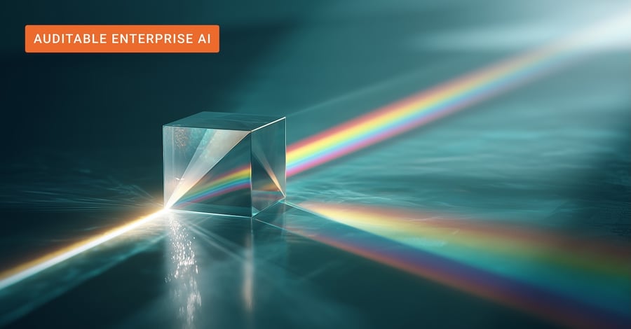 A glass prism breaking white light into a visible spectrum, representing how Auditable Agentic AI makes complex workflows transparent.