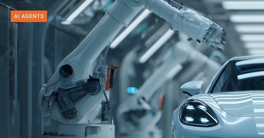 Vehicle production line with robotic arms and AI agents, emphasizing human oversight in quality control.