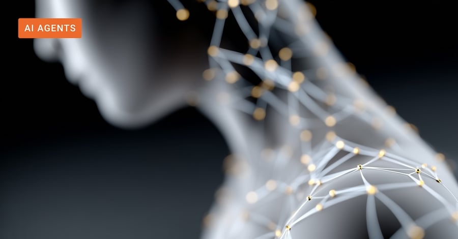 Abstract silhouette of a person overlaid with a network, visually representing the interconnected knowledge within AI agents and the power of knowledge graphs.
