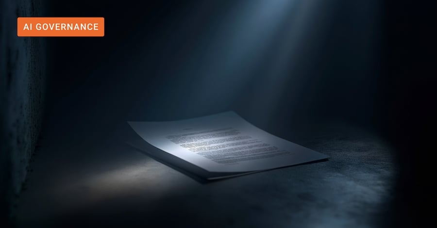 A single document illuminated by a narrow beam of light on a dark surface, conveying scrutiny and forensic examination, header image for an article on AI audit trails and regulatory accountability.