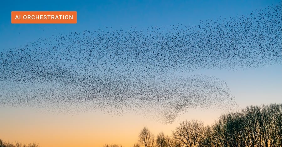 A flock of birds flying in formation illustrating the complexity of AI orchestration