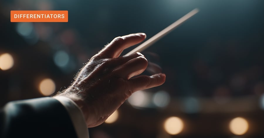 A conductor's hand as an analogy to orchestrating GenAI to success. 