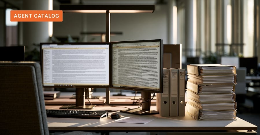 Analyst workstation showing regulatory documents on dual monitors in a corporate banking compliance office