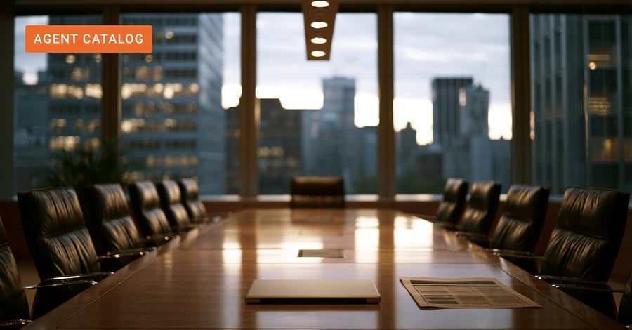 Private equity boardroom at dusk with a deal document on the table and city skyline beyond.