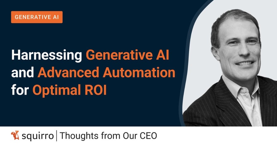 Portrait of Squirro CEO Dorian Selz next to the headline: Harnessing GenAI and Advanced Automation for Optimal ROI