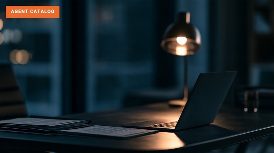 Modern executive desk in a high-rise office at twilight with organized proposal documents beside a laptop