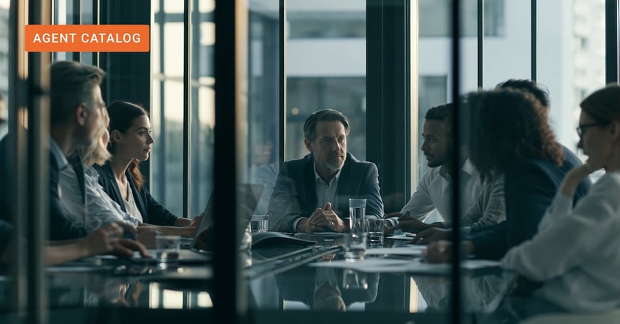 Executives in a glass boardroom discussion, evoking the governance and approval decisions behind enterprise AI architecture