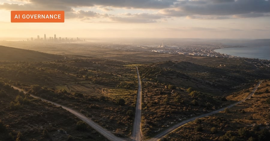 Aerial drone photograph of a road splitting into three diverging paths across an open landscape at golden hour, with a city skyline visible on the horizon, header image for an article on enterprise AI deployment decisions and outcomes.