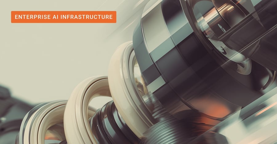 Enterprise AI infrastructure components — interlocking mechanical parts representing the complex backend engineering that powers scalable generative AI systems