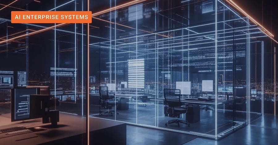 A modern office setting transformed by advanced enterprise AI systems. 