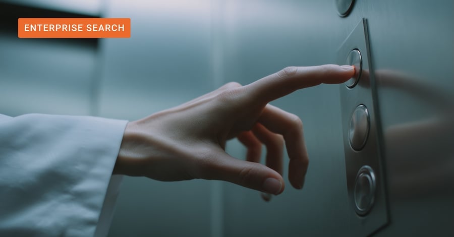 Finger pressing an elevator button up as an analogy to how enterprise taxonomy elevates enterprise search. 