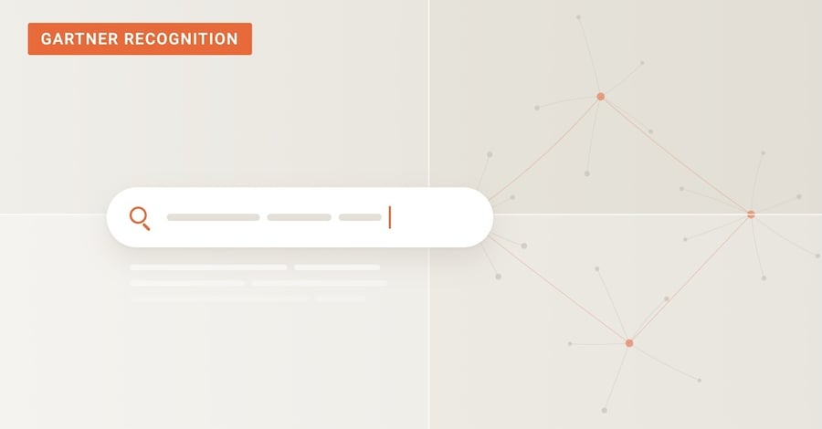 Gartner Recognition banner: a search bar linked to a network of orange and gray knowledge graph nodes on a soft beige grid.