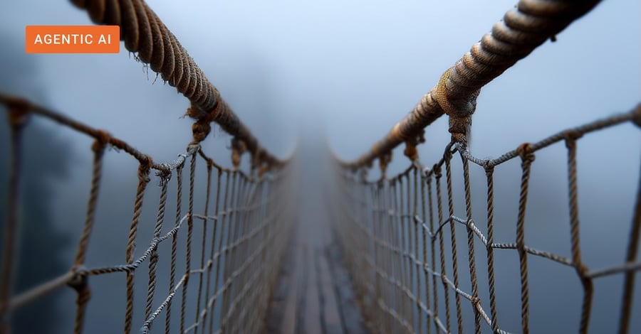A rope bridge leading into the fog as a metaphor for the limitations of prompt chaining for agentic workflow automation