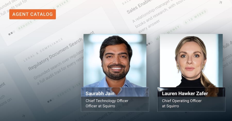 Squirro's COO and CTO, Lauren Hawker Zafer and Saurabh Jain, framed by enterprise AI agent interface elements
