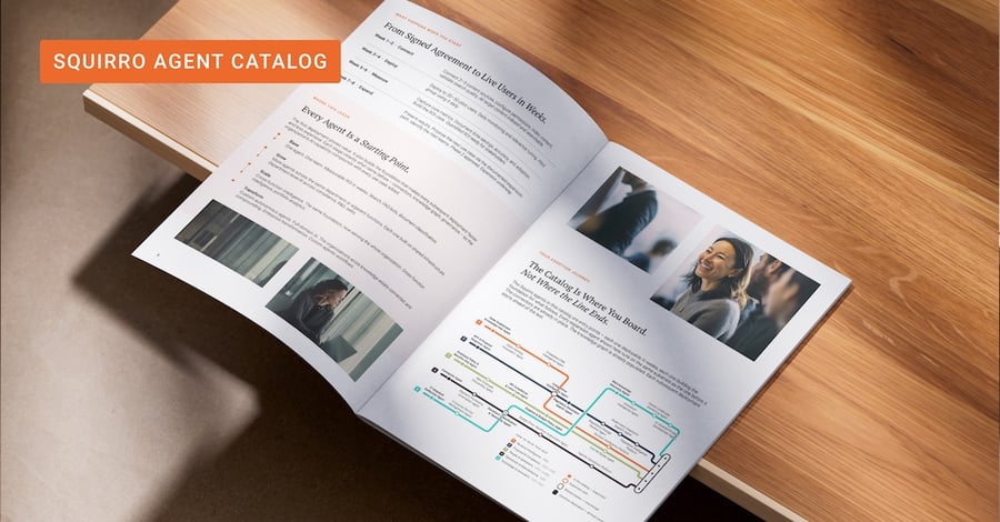 Open printed Squirro Agent Catalog on a wooden desk, showing the deployment timeline, the 