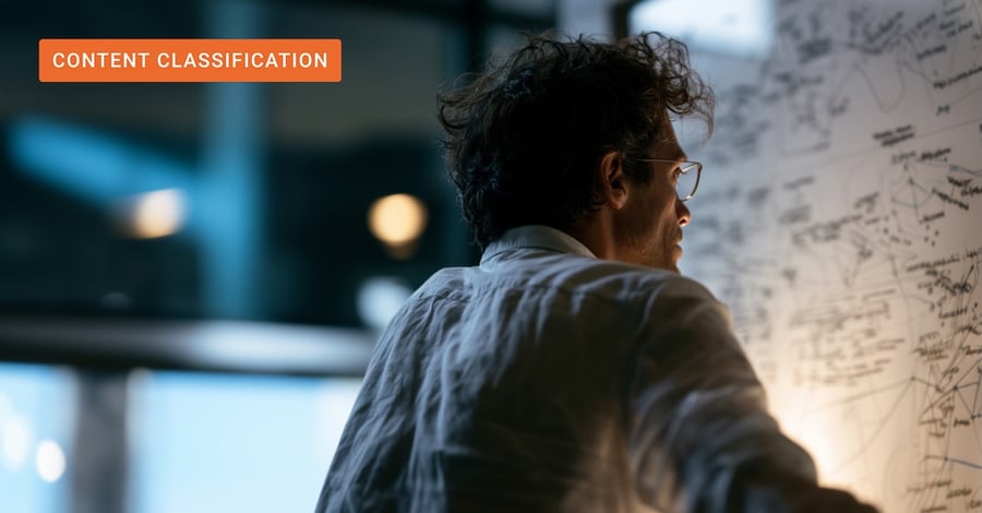 A knowledge management professional studying a complex taxonomy diagram, representing the evolving strategic role of taxonomy governance in enterprise AI.