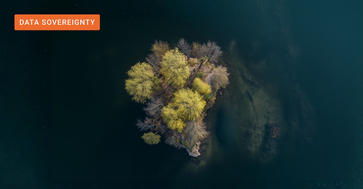 An aerial perspective of a secluded island in deep water, symbolizing the secure isolation and legal protection of a sovereign ai platform and enterprise data sovereignty.
