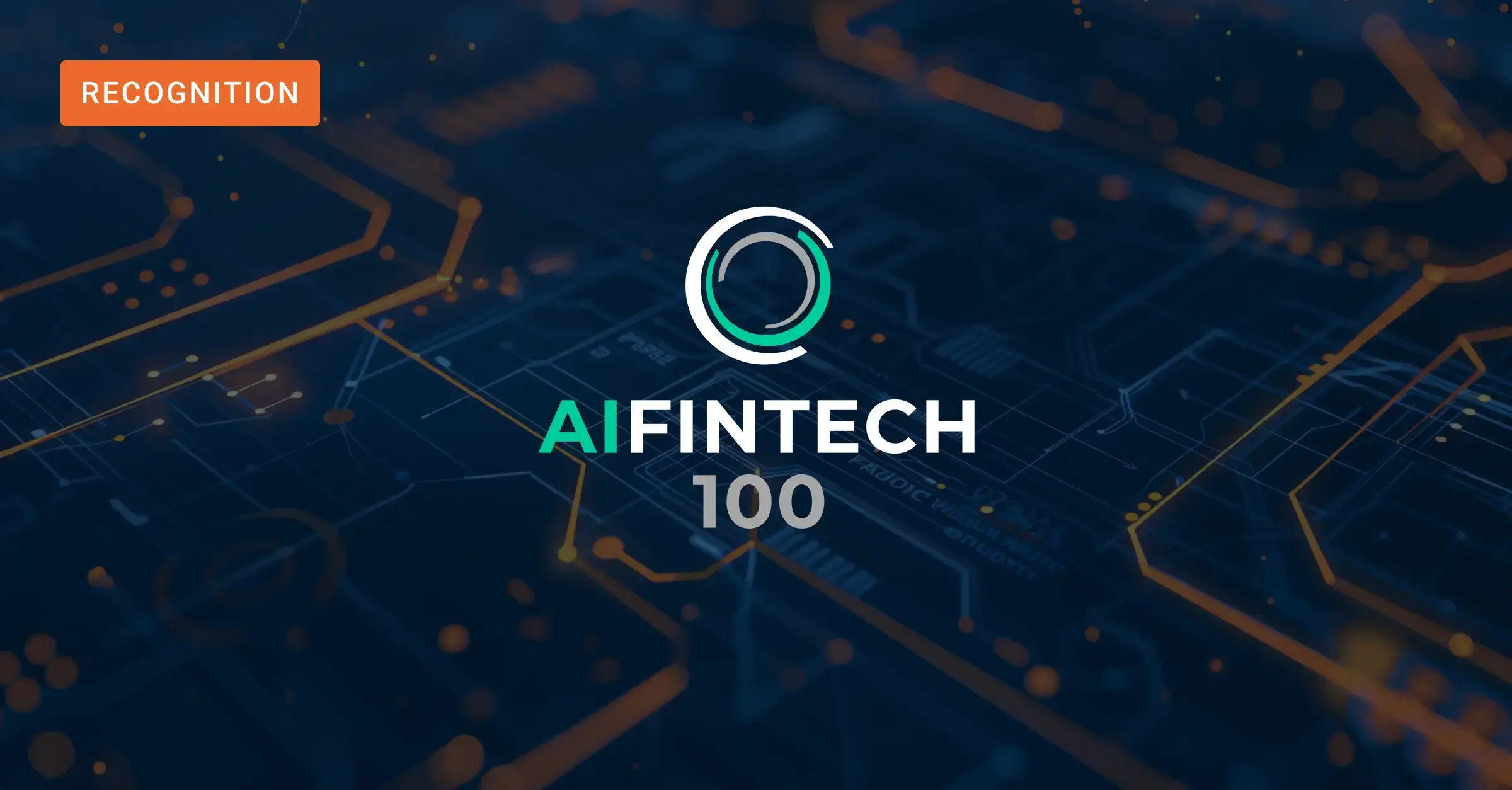 Image of circuit board with Ai Fintech 100 logo overlaying