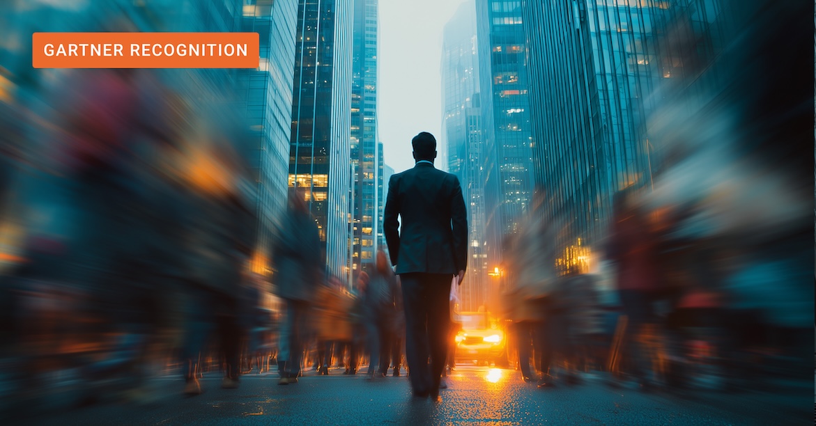 Man walking through the financial district symbolizing Enterprise Search Use Cases enabled by GenAI. 
